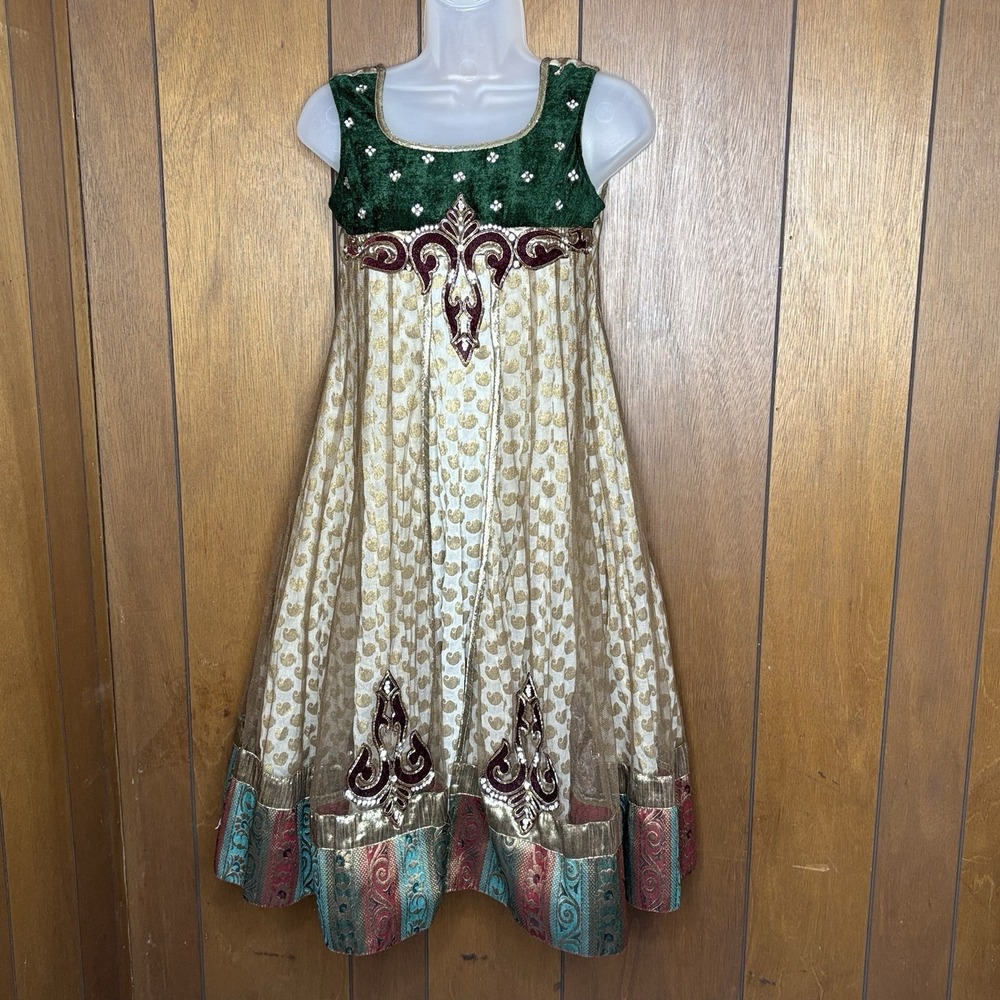 Vintage Bollywood Dress XS Green Gold Velvet Embroidered Fairy Festival‎ Boho